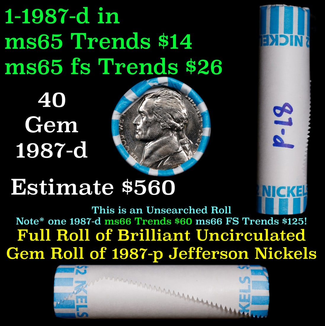 BU Shotgun Jefferson 5c roll, 1987-d 40 pcs Bank $2 Nickel Wrapper: BU Shotgun Jefferson 5c roll, 1987-d 40 pcs Bank $2 Nickel Wrapper.