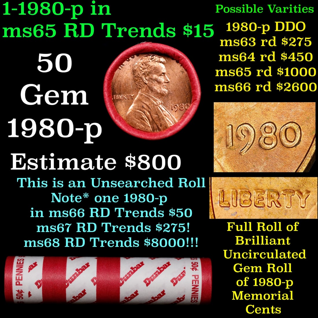 BU Shotgun Lincoln 1c roll, 1980-p 50 pcs Dunbar Wrapper 50c: BU Shotgun Lincoln 1c roll, 1980-p 50 pcs Dunbar Wrapper 50c. A terrific Shotgun roll of Lincoln cents in a Dunbar wrapper. Most if not all coins should be cherry red.