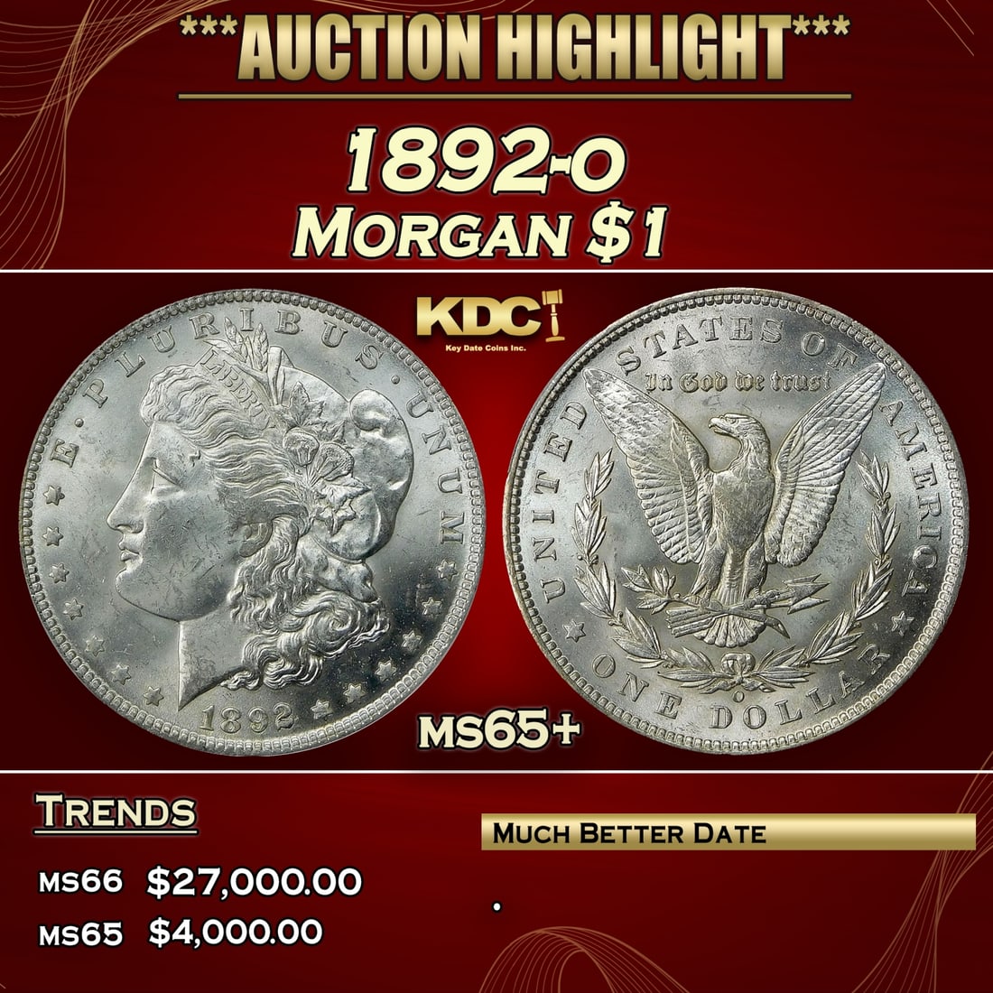 ***Major Highlight*** 1892-o Morgan Dollar $1 ms65+ SEGS (fc) (1 of 5)