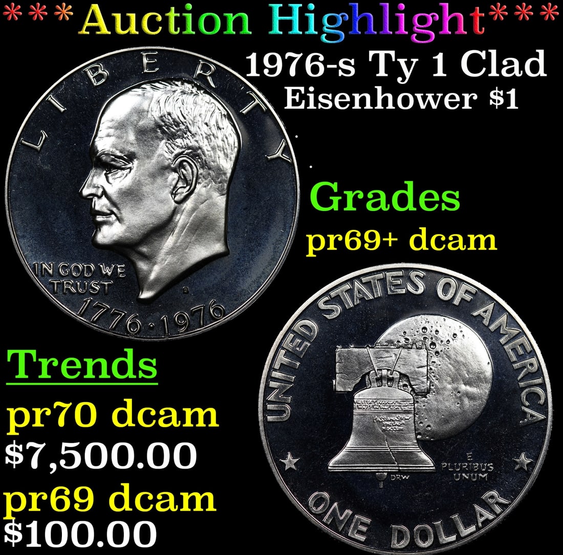 ***Auction Highlight*** 1976-s Ty 1 Clad Proof Eisenhower Dollar 1 GEM++ Proof Deep Cameo USCG (fc) (1 of 3)