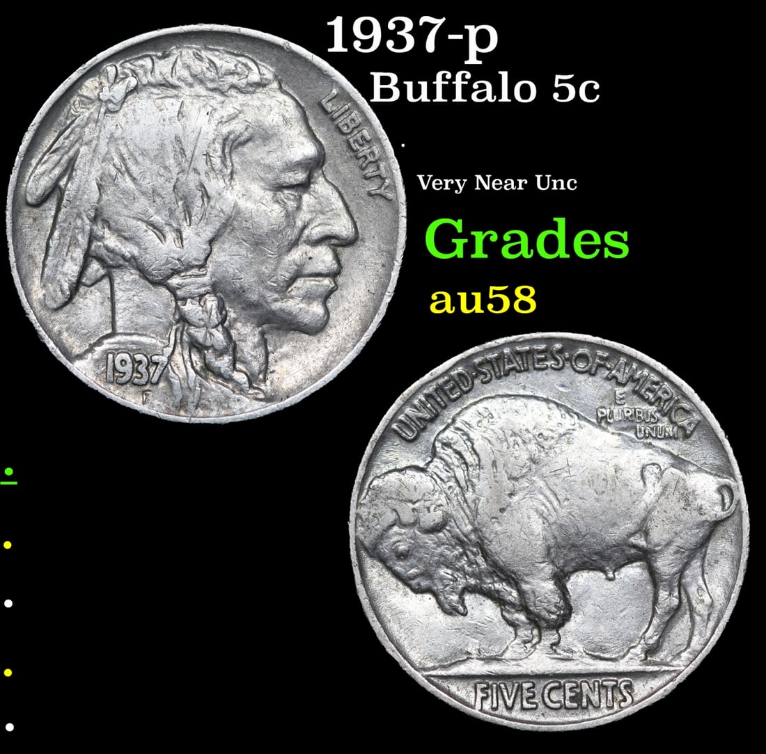 1937-p Buffalo Nickel 5c Grades Choice AU/BU Slider (1 of 3)