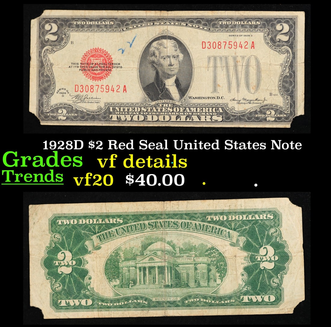 1928D $2 Red Seal United States Note Grades vf details (1 of 3)