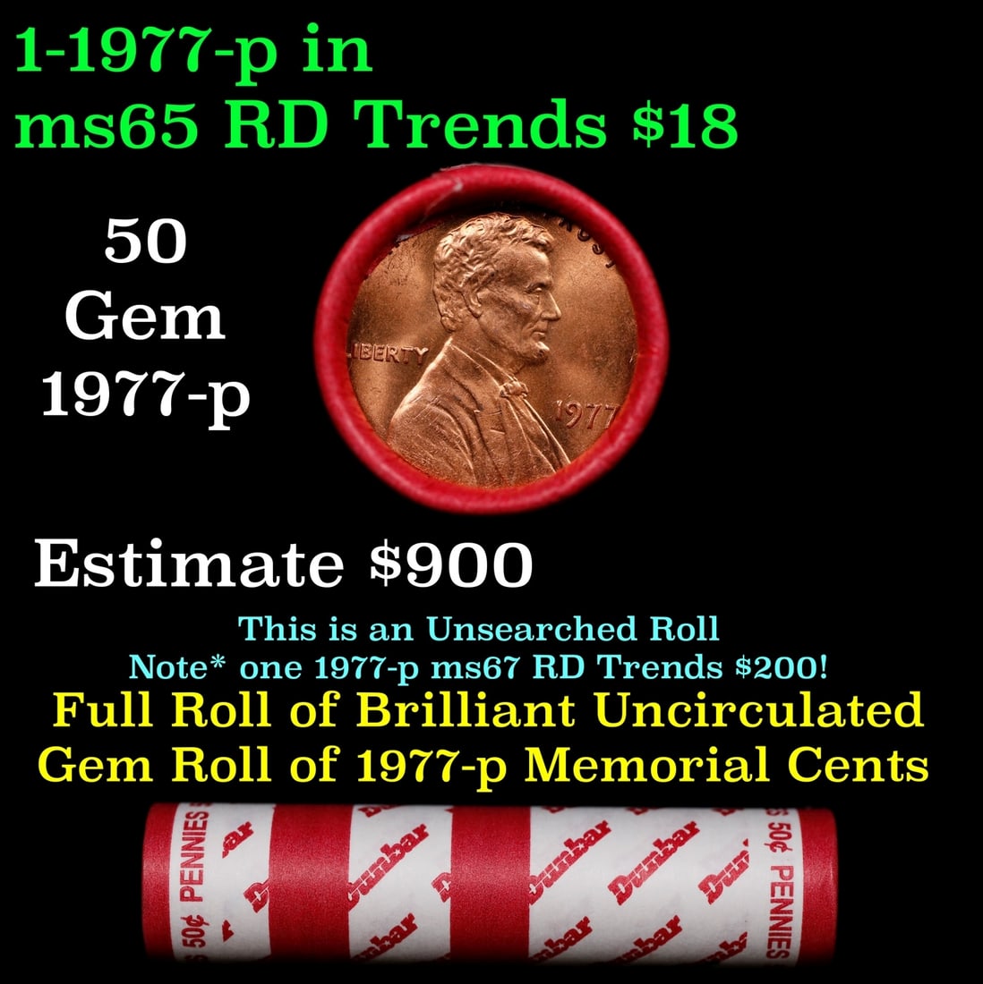 BU Shotgun Lincoln 1c roll, 1977-p 50 pcs Dunbar Wrapper 50c: BU Shotgun Lincoln 1c roll, 1977-p 50 pcs Dunbar Wrapper 50c. A terrific Shotgun roll of Lincoln cents in a Dunbar wrapper. Most if not all coins should be cherry red.