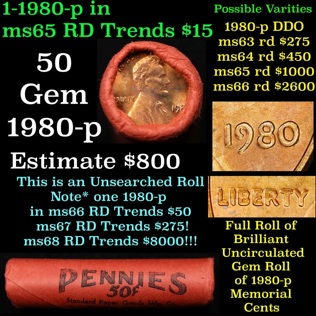 BU Shotgun Lincoln 1c roll, 1980-p 50 pcs Bank Wrapper 50c: BU Shotgun Lincoln 1c roll, 1980-p 50 pcs Bank Wrapper 50c. A terrific Shotgun roll of Lincoln cents in a Bank wrapper. Most if not all coins should be cherry red.