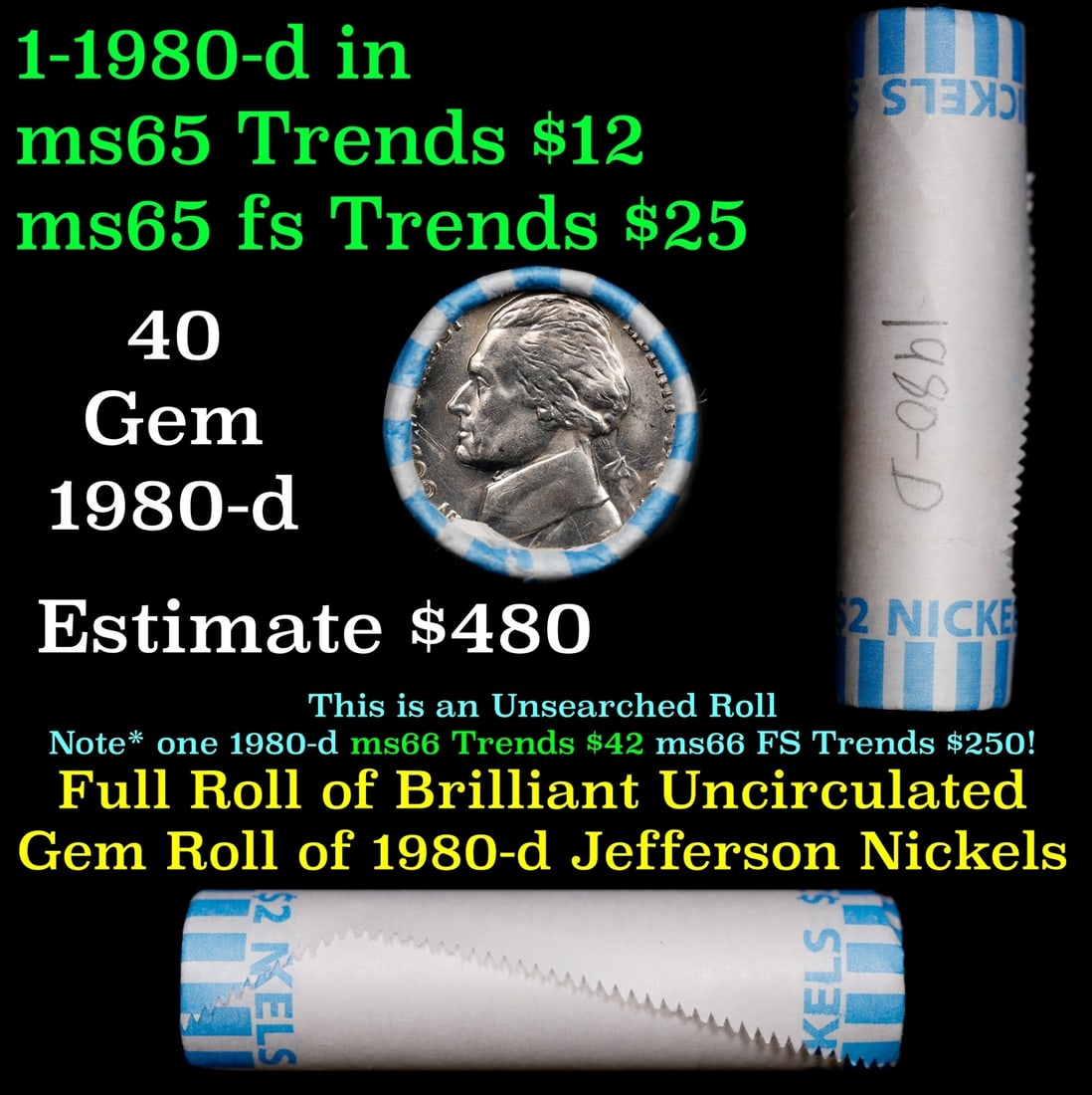 BU Shotgun Jefferson 5c roll, 1980-d 40 pcs Bank $2 Nickel Wrapper: BU Shotgun Jefferson 5c roll, 1980-d 40 pcs Bank $2 Nickel Wrapper.