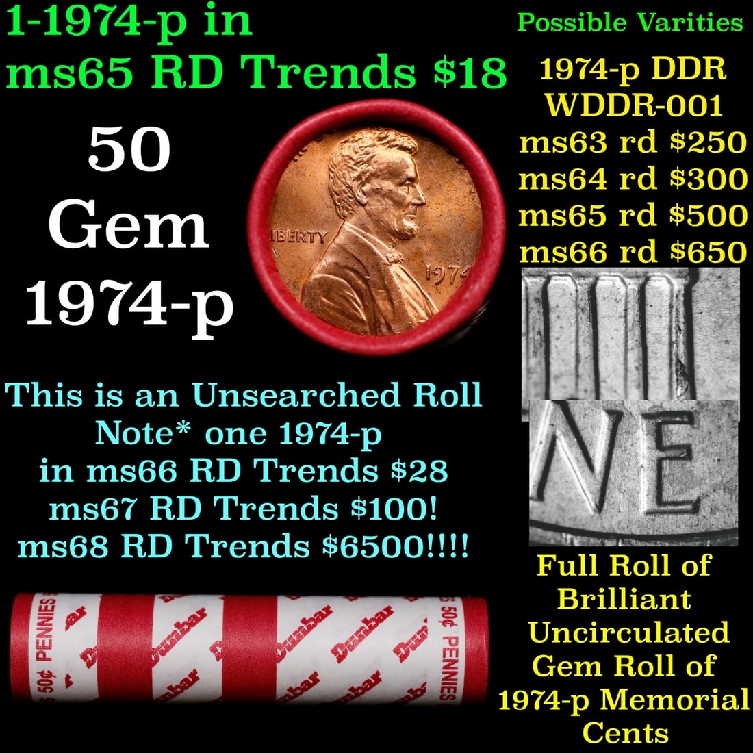 BU Shotgun Lincoln 1c roll, 1974-p 50 pcs Dunbar Wrapper 50c: BU Shotgun Lincoln 1c roll, 1974-p 50 pcs Dunbar Wrapper 50c. A terrific Shotgun roll of Lincoln cents in a Dunbar wrapper. Most if not all coins should be cherry red.