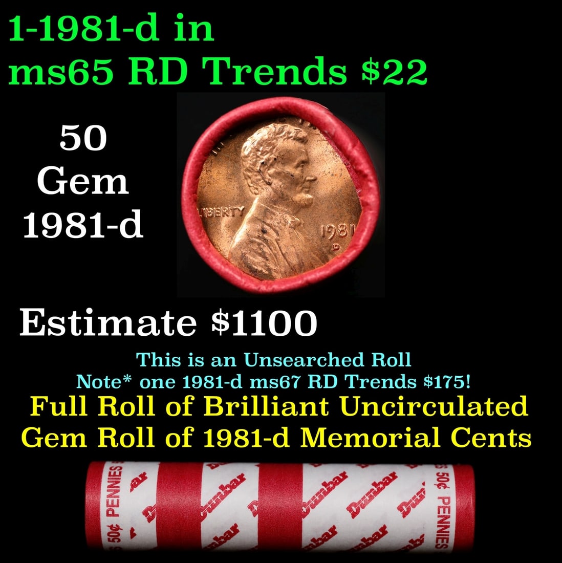BU Shotgun Lincoln 1c roll, 1981-d 50 pcs Dunbar Wrapper 50c: BU Shotgun Lincoln 1c roll, 1981-d 50 pcs Dunbar Wrapper 50c. A terrific Shotgun roll of Lincoln cents in a Dunbar wrapper. Most if not all coins should be cherry red.