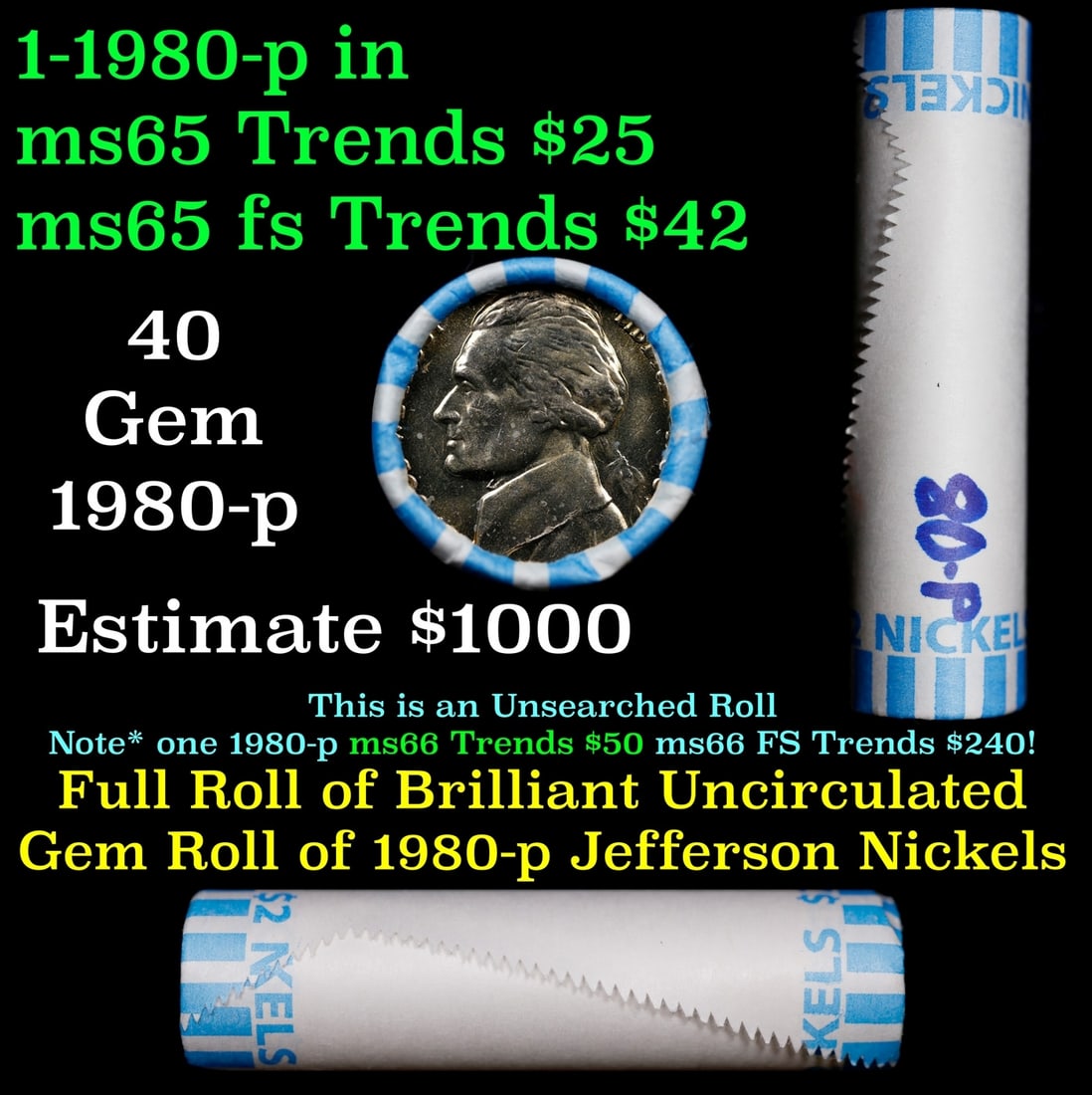 BU Shotgun Jefferson 5c roll, 1980-p 40 pcs Bank $2 Nickel Wrapper: BU Shotgun Jefferson 5c roll, 1980-p 40 pcs Bank $2 Nickel Wrapper.