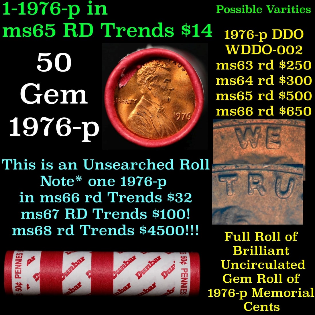 BU Shotgun Lincoln 1c roll, 1976-p 50 pcs Dunbar Wrapper 50c: BU Shotgun Lincoln 1c roll, 1976-p 50 pcs Dunbar Wrapper 50c. A terrific Shotgun roll of Lincoln cents in a Dunbar wrapper. Most if not all coins should be cherry red.