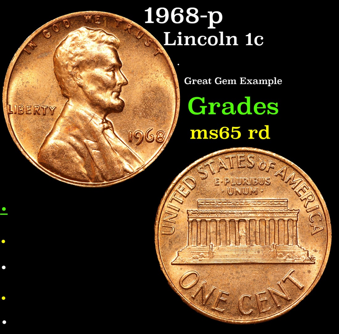 1968-p Lincoln Cent 1c Grades GEM Unc RD (1 of 3)