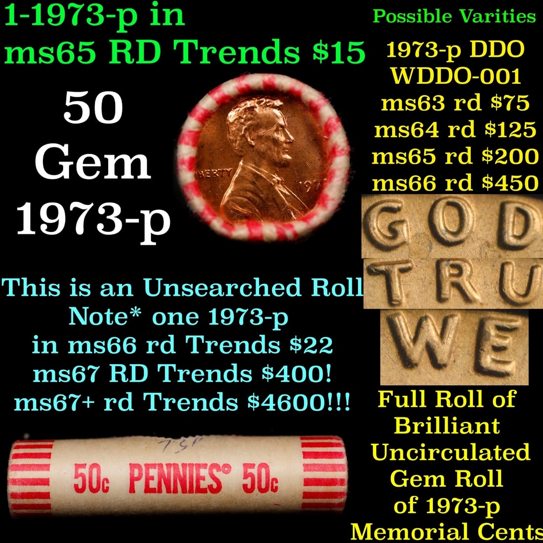 BU Shotgun Lincoln 1c roll, 1973-p 50 pcs Bank Wrapper 50c: BU Shotgun Lincoln 1c roll, 1973-p 50 pcs Bank Wrapper 50c. A terrific Shotgun roll of Lincoln cents in a Bank wrapper. Most if not all coins should be cherry red.