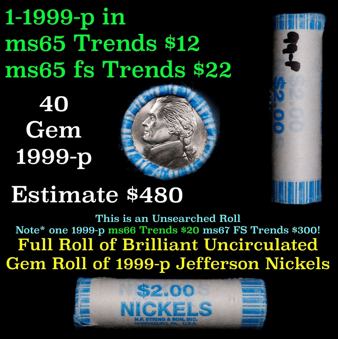BU Shotgun Jefferson 5c roll, 1999-p 40 pcs Bank $2 Nickel Wrapper: BU Shotgun Jefferson 5c roll, 1999-p 40 pcs Bank $2 Nickel Wrapper.