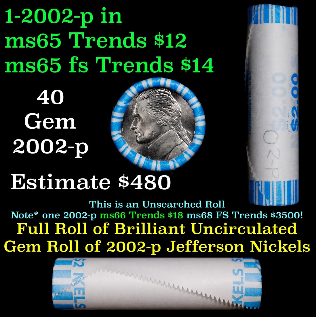 BU Shotgun Jefferson 5c roll, 2002-p 40 pcs Bank $2 Nickel Wrapper: BU Shotgun Jefferson 5c roll, 2002-p 40 pcs Bank $2 Nickel Wrapper.