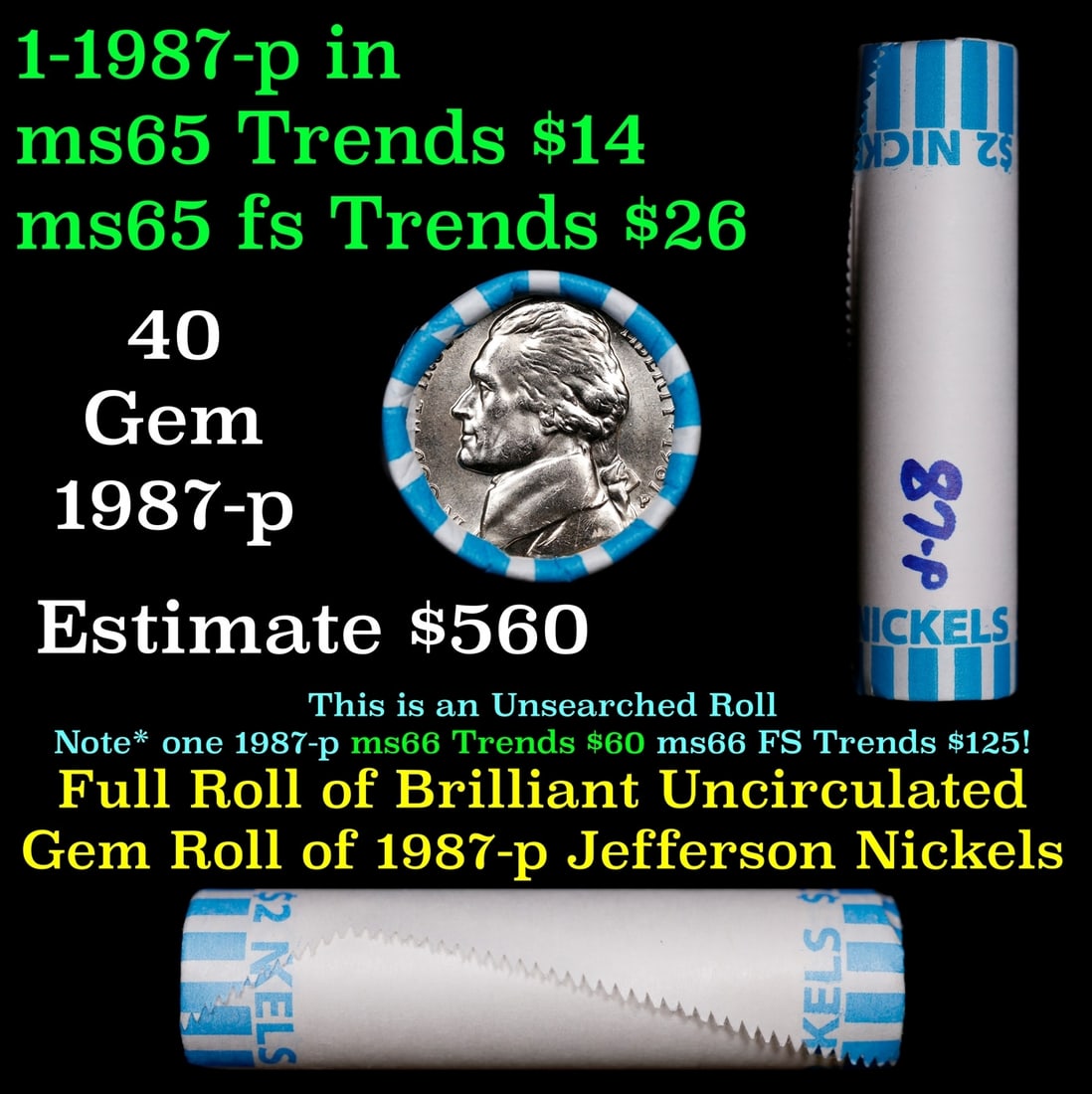 BU Shotgun Jefferson 5c roll, 1987-p 40 pcs Bank $2 Nickel Wrapper: BU Shotgun Jefferson 5c roll, 1987-p 40 pcs Bank $2 Nickel Wrapper.