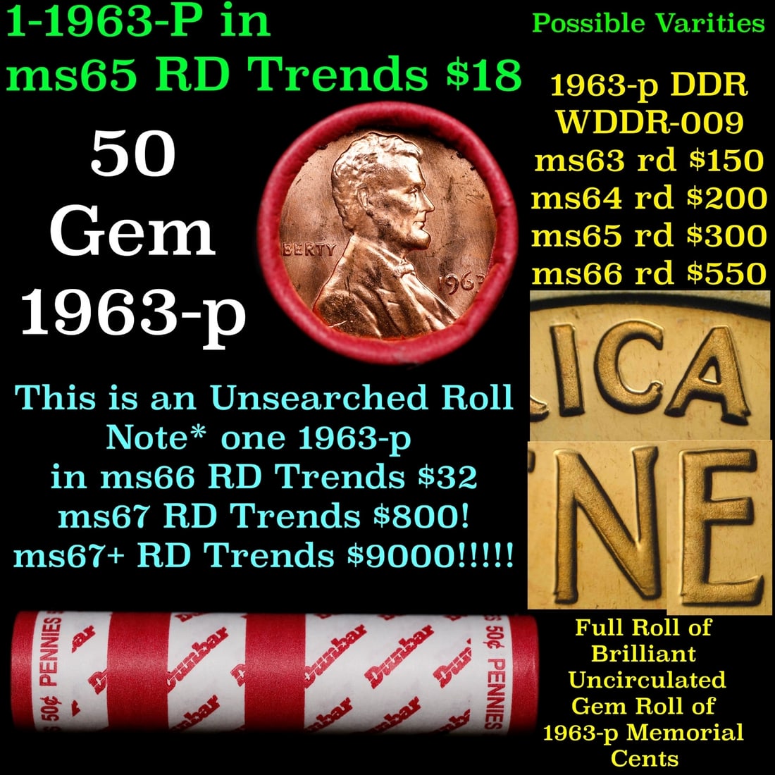 BU Shotgun Lincoln 1c roll, 1963-p 50 pcs Dunbar Wrapper 50c: BU Shotgun Lincoln 1c roll, 1963-p 50 pcs Dunbar Wrapper 50c. A terrific Shotgun roll of Lincoln cents in a Dunbar wrapper. Most if not all coins should be cherry red.