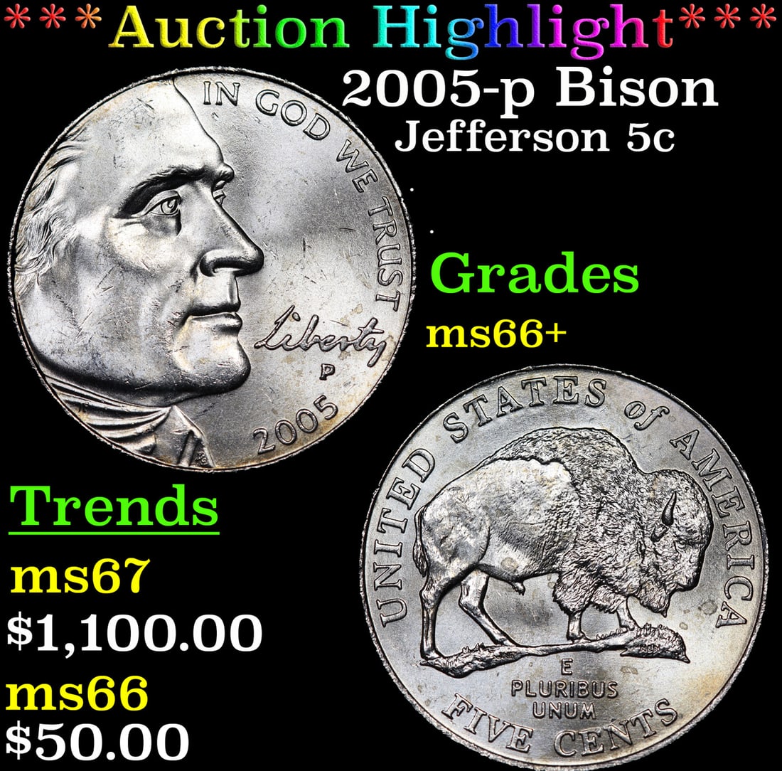 ***Auction Highlight*** 2005-p Bison Jefferson Nickel 5c GEM++ Unc USCG (fc) (1 of 3)