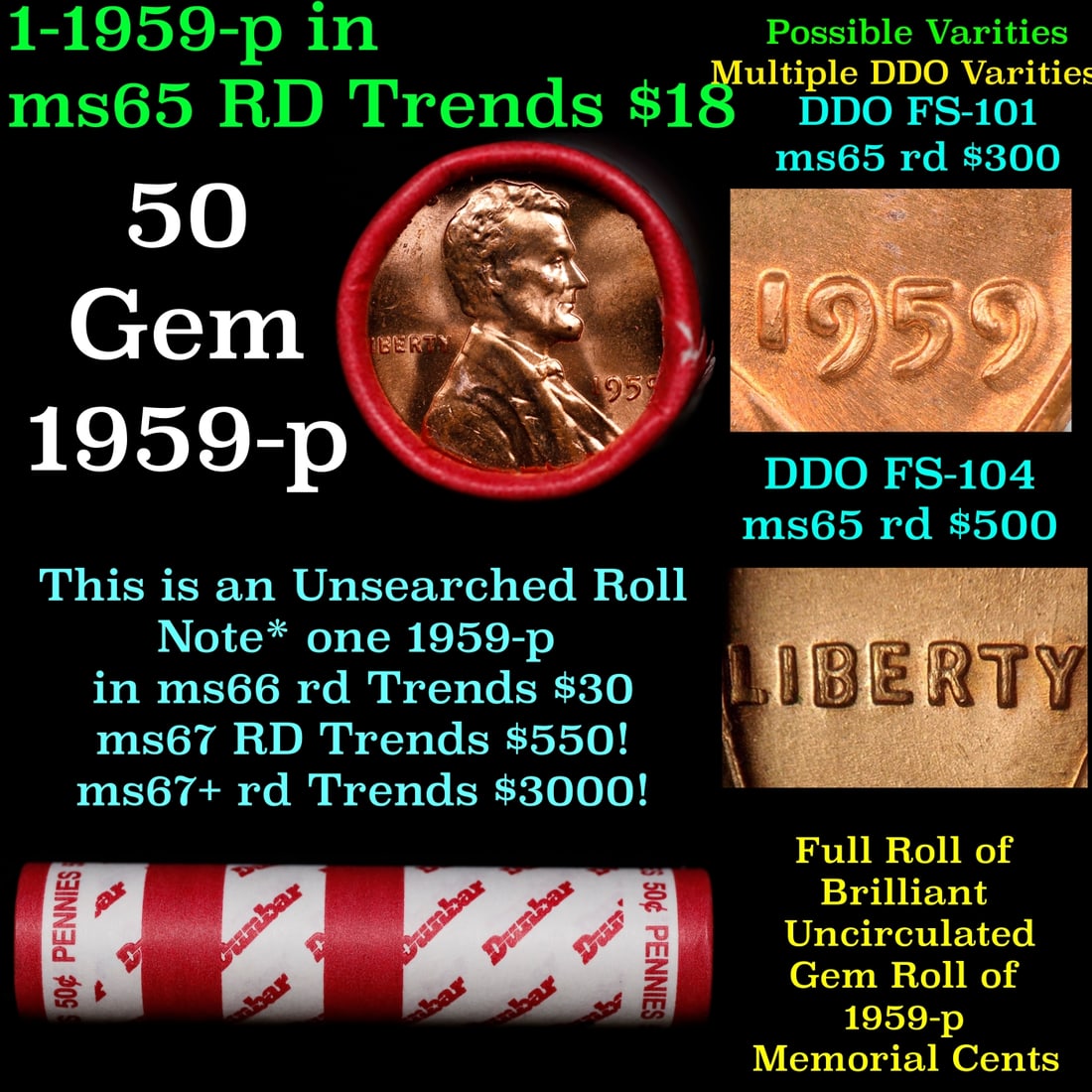BU Shotgun Lincoln 1c roll, 1959-p 50 pcs Dunbar Wrapper 50c: BU Shotgun Lincoln 1c roll, 1959-p 50 pcs Dunbar Wrapper 50c. A terrific Shotgun roll of Lincoln cents in a Bank wrapper. Most if not all coins should be cherry red.
