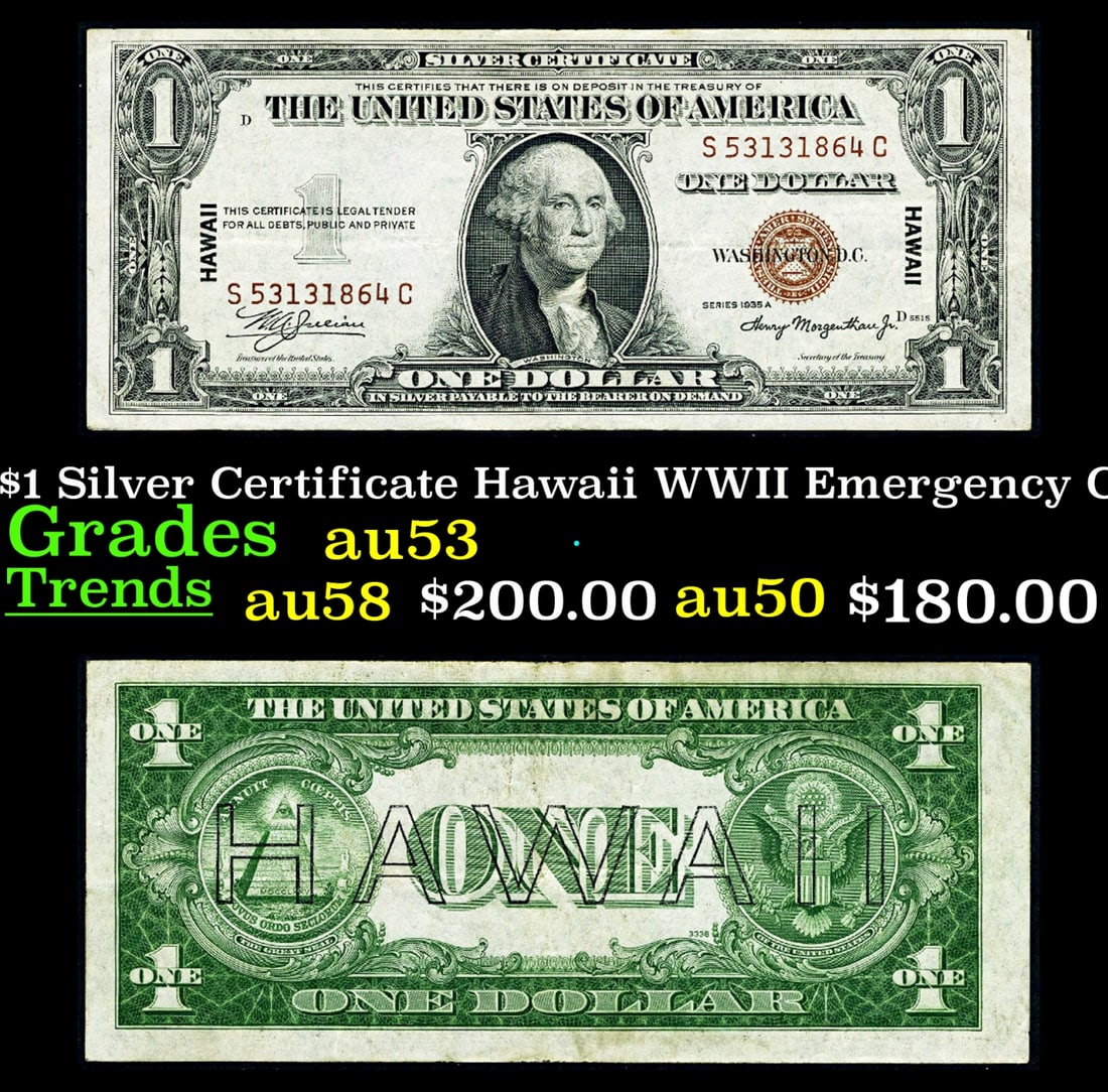 1935A $1 Silver Certificate Hawaii WWII Emergency Currency Grades Select AU: 1935A $1 Silver Certificate Hawaii WWII Emergency Currency Grades Select AU. FR-2300 Signatures of Julian & Morgenthau WWII Emergency Currency. It was the darkest days of World War II, just after Pear
