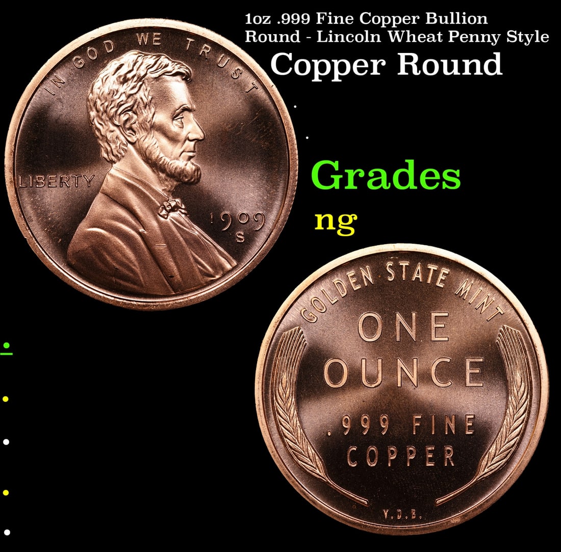 1oz .999 Fine Copper Bullion Round - Lincoln Wheat Penny Style: 1oz .999 Fine Copper Bullion Round - Lincoln Wheat Penny Style.