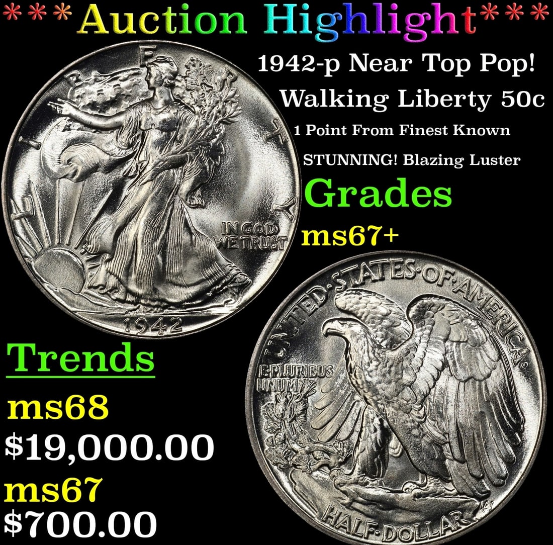 ***Major Highlight*** 1942-p Walking Liberty Half Dollar Near Top Pop! 50c ms67+ SEGS (fc) (1 of 3)