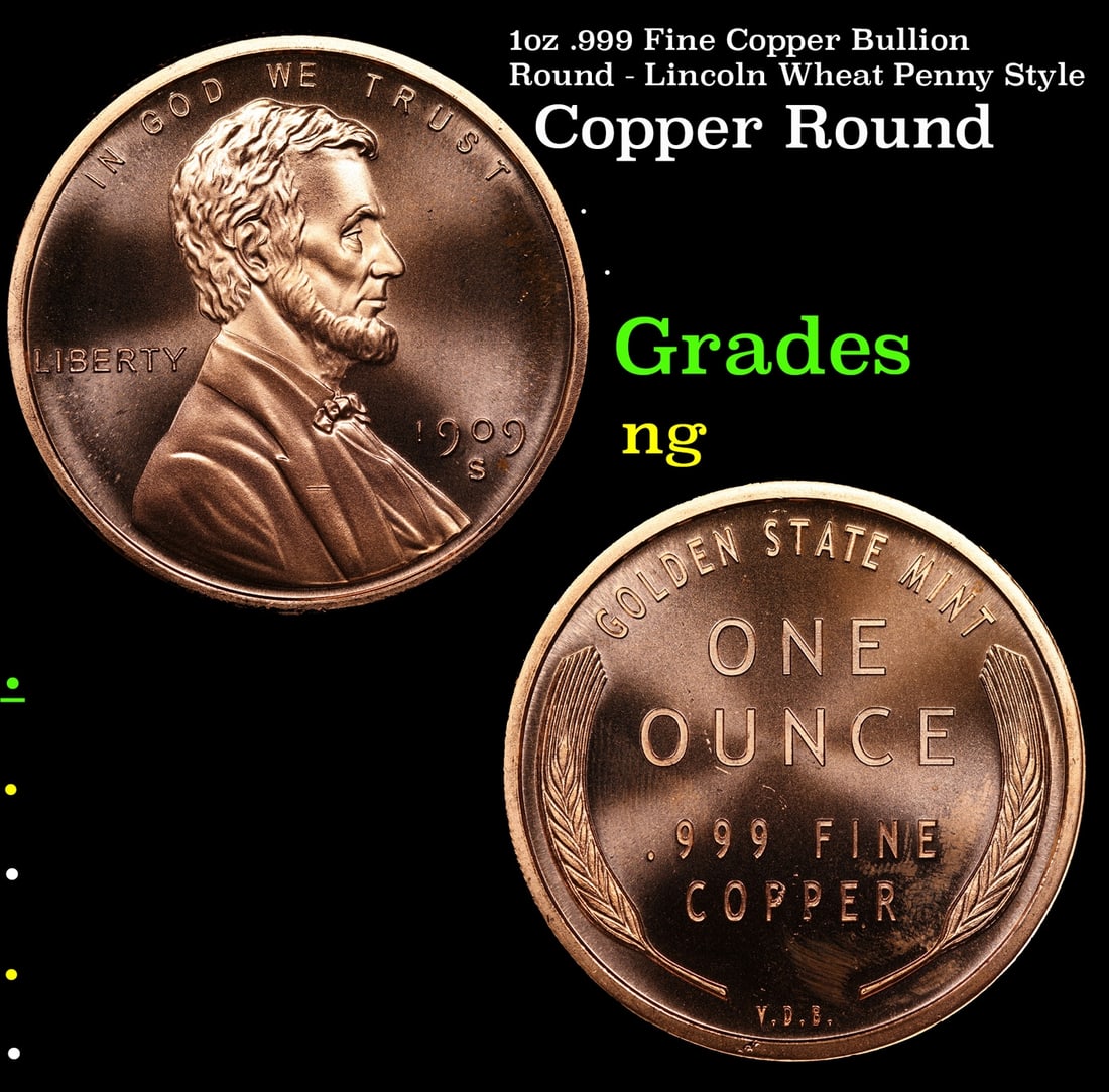 1oz .999 Fine Copper Bullion Round - Lincoln Wheat Penny Style: 1oz .999 Fine Copper Bullion Round - Lincoln Wheat Penny Style.
