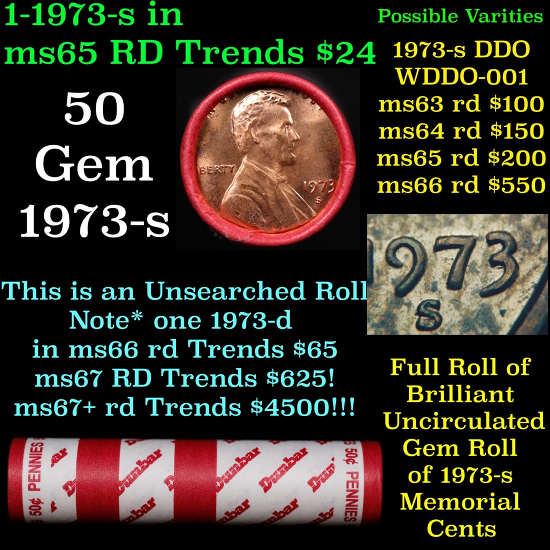 BU Shotgun Lincoln 1c roll, 1973-s 50 pcs Dunbar Wrapper 50c: BU Shotgun Lincoln 1c roll, 1973-s 50 pcs Dunbar Wrapper 50c.