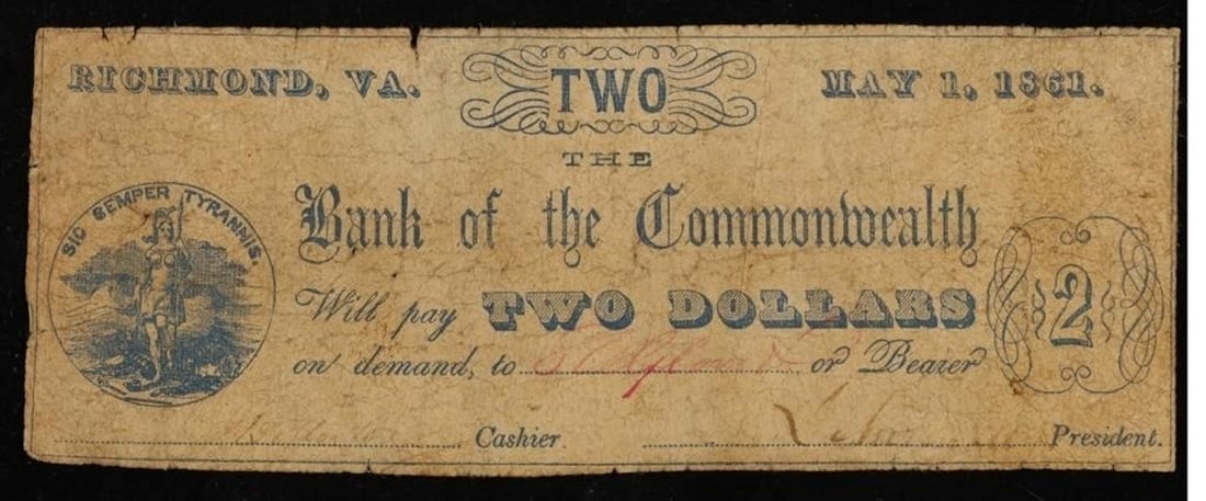 May 1, 1861 The Bank of the Commonwealth Richmond VA Two Dollars Obsolete Currency Note Grades f+ (1 of 3)
