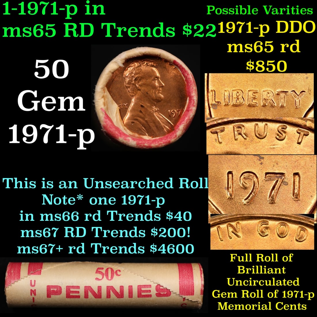 BU Shotgun Lincoln 1c roll, 1971-p 50 pcs Bank Wrapper 50c: BU Shotgun Lincoln 1c roll, 1971-p 50 pcs Bank Wrapper 50c.