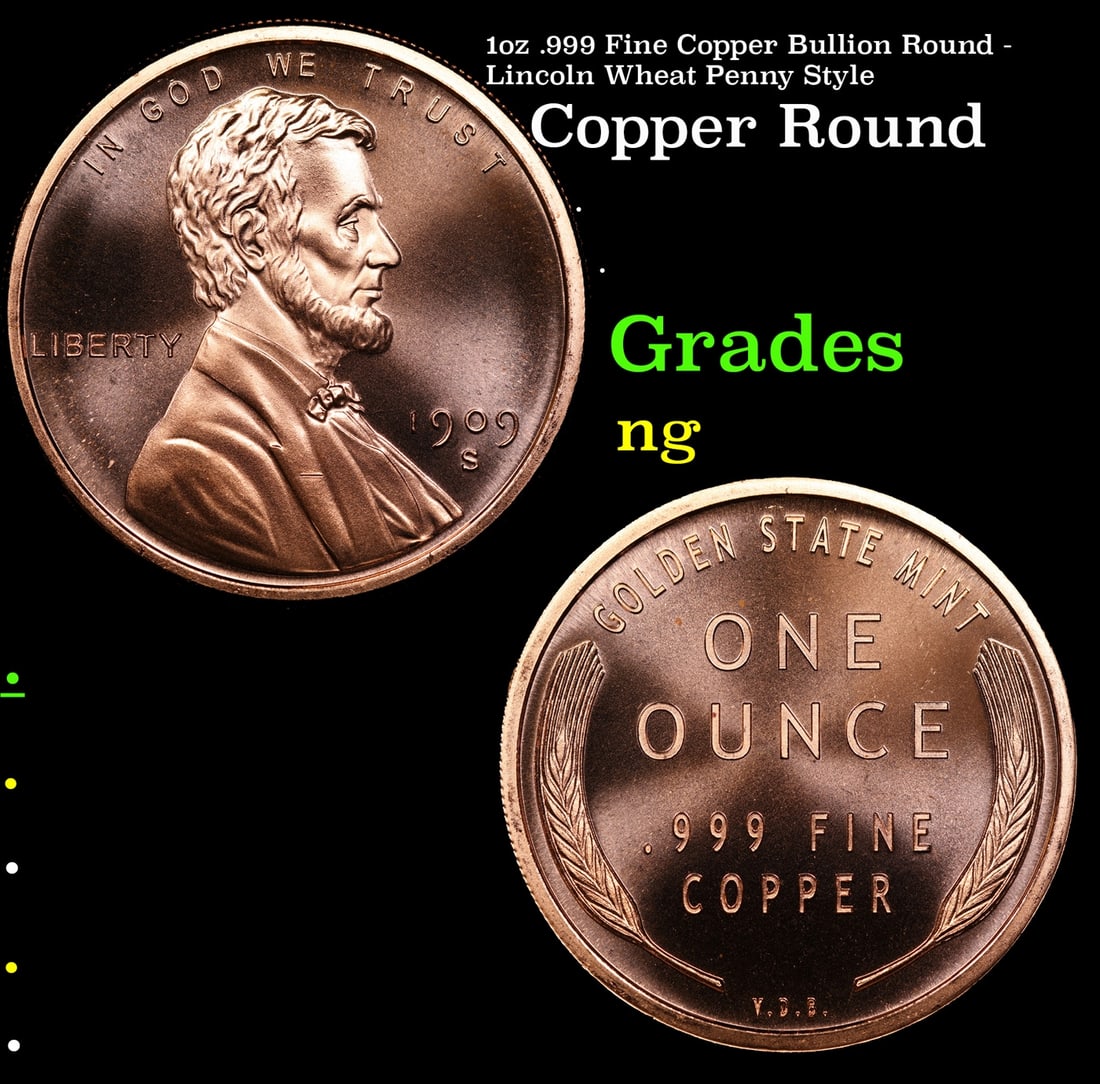 1oz .999 Fine Copper Bullion Round - Lincoln Wheat Penny Style: 1oz .999 Fine Copper Bullion Round - Lincoln Wheat Penny Style.