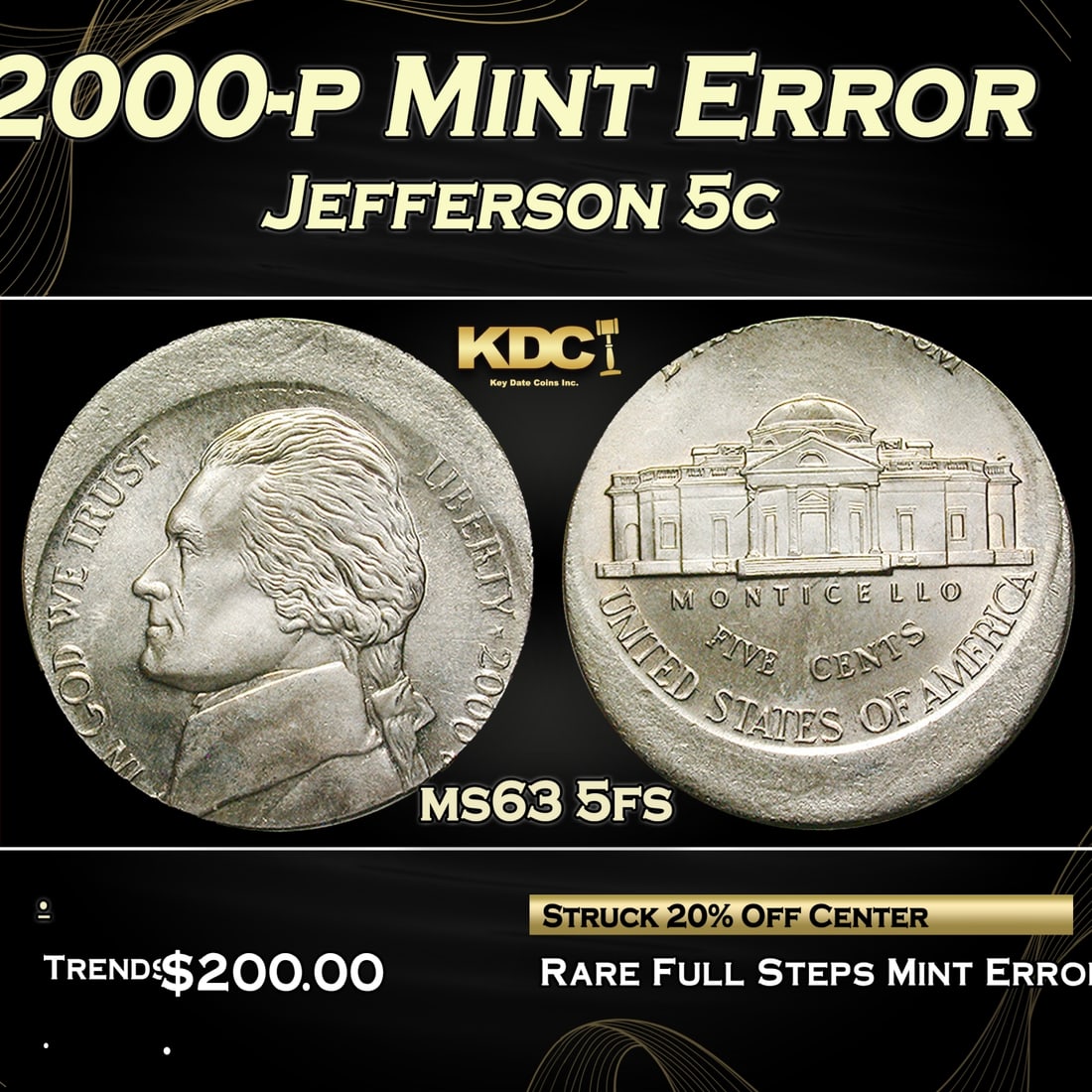 2000-p Mint Error Jefferson Nickel 5c Grades Select Unc 5fs (1 of 4)