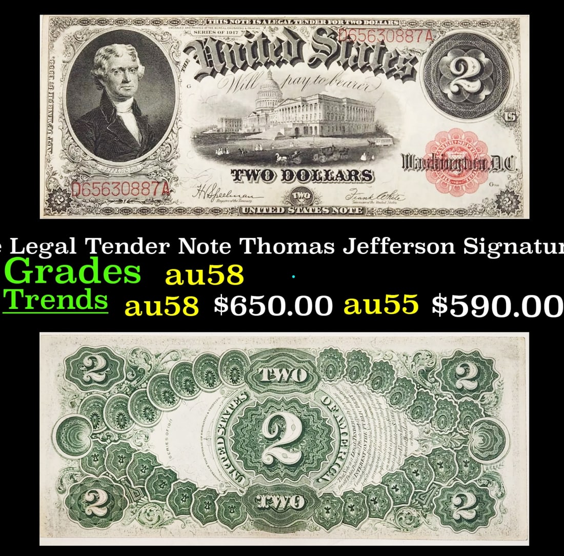 1917 $2 Large Size Legal Tender Note Thomas Jefferson Grades Choice AU/BU Slider Signatures (1 of 3)