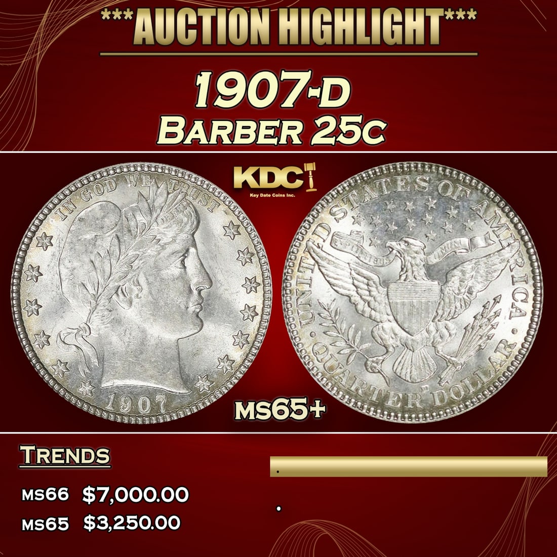 ***Major Highlight*** 1907-d Barber Quarter 25c ms65+ SEGS (fc) (1 of 5)