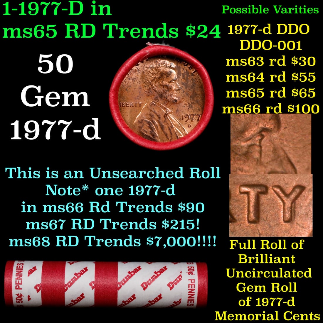 BU Shotgun Lincoln 1c roll, 1977-d 50 pcs Dunbar Wrapper 50c: BU Shotgun Lincoln 1c roll, 1977-d 50 pcs Dunbar Wrapper 50c. A terrific Shotgun roll of Lincoln cents in a Dunbar wrapper. Most if not all coins should be cherry red.