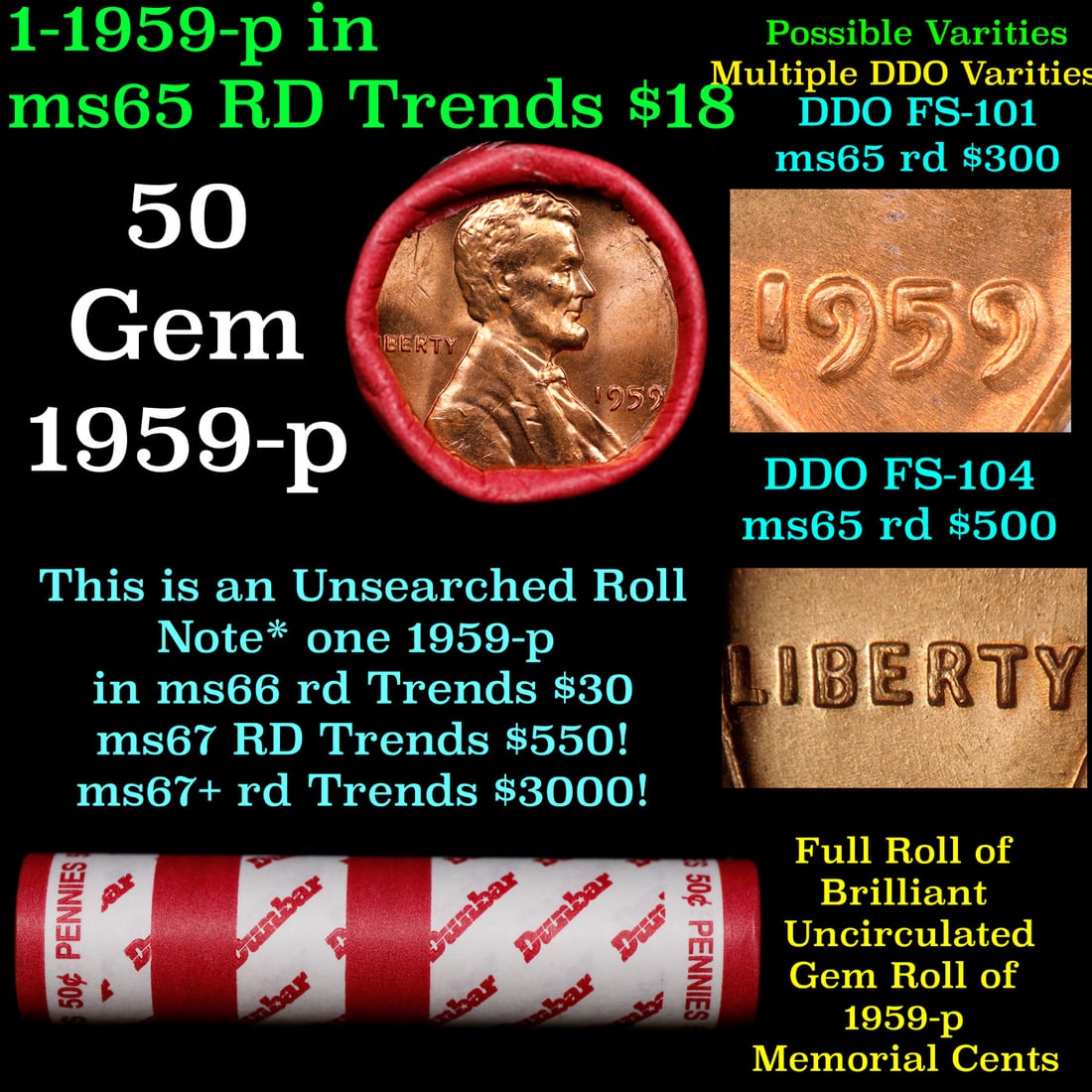 BU Shotgun Lincoln 1c roll, 1959-p 50 pcs Dunbar Wrapper 50c: BU Shotgun Lincoln 1c roll, 1959-p 50 pcs Dunbar Wrapper 50c. A terrific Shotgun roll of Lincoln cents in a Dunbar wrapper. Most if not all coins should be cherry red.
