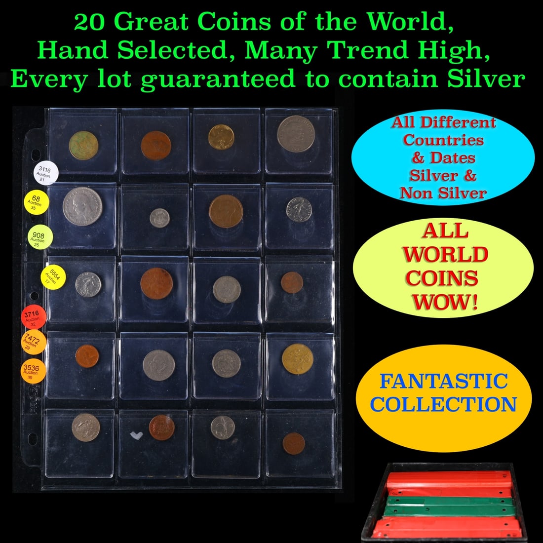20 Great Coins of the World, hand selected, many trend high, every lot guaranteed to contain Silver.: 20 Great Coins of the World, hand selected, many trend high, every lot guaranteed to contain Silver.. We have received a huge collection of over 10 thousand US coins in flips, 2x2 holders, and 20 coin