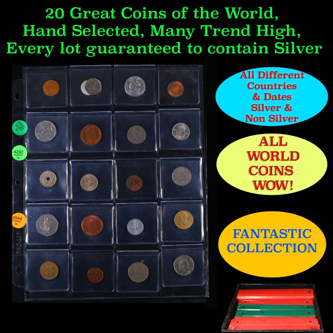 20 Great Coins of the World, hand selected, many trend high, every lot guaranteed to contain Silver.: 20 Great Coins of the World, hand selected, many trend high, every lot guaranteed to contain Silver.. We have received a huge collection of over 10 thousand US coins in flips, 2x2 holders, and 20 coin