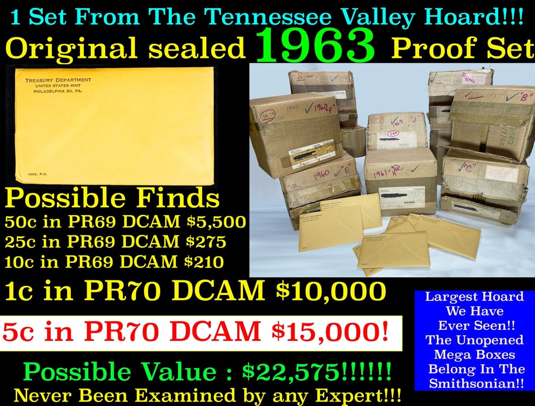 Original sealed 1963 United States Mint Proof Set Tennessee Valley Hoard: Original sealed 1963 United States Mint Proof Set Tennessee Valley Hoard. Once in a lifetime collection We are proud to bring to auction the greatest proof collection of the late 1950s and early 1960s
