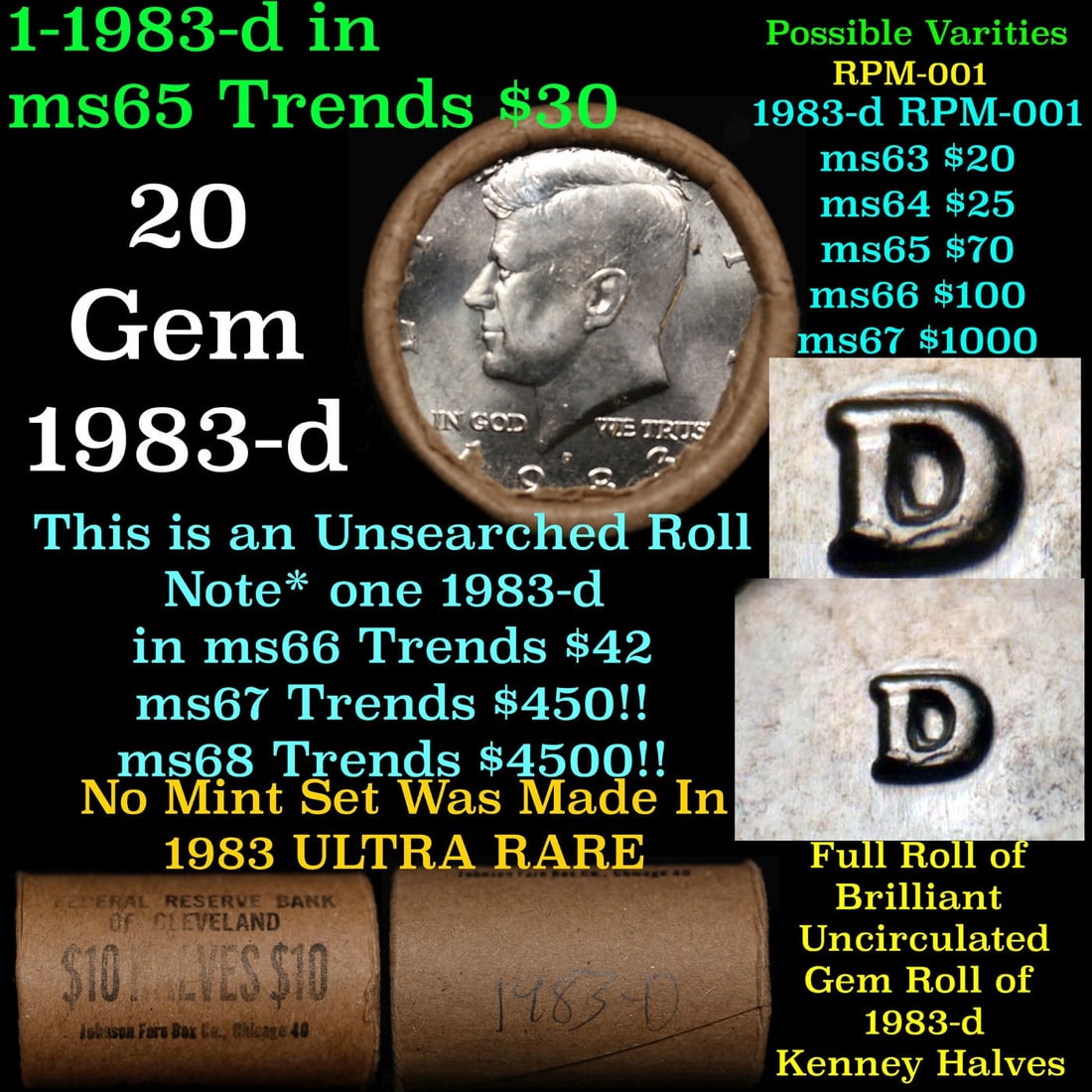 BU Shotgun Kennedy 50c roll, 1983-d 20 pcs Federal Reserve Bank of Minneapolis Wrapper $10: BU Shotgun Kennedy 50c roll, 1983-d 20 pcs Federal Reserve Bank of Minneapolis Wrapper $10.