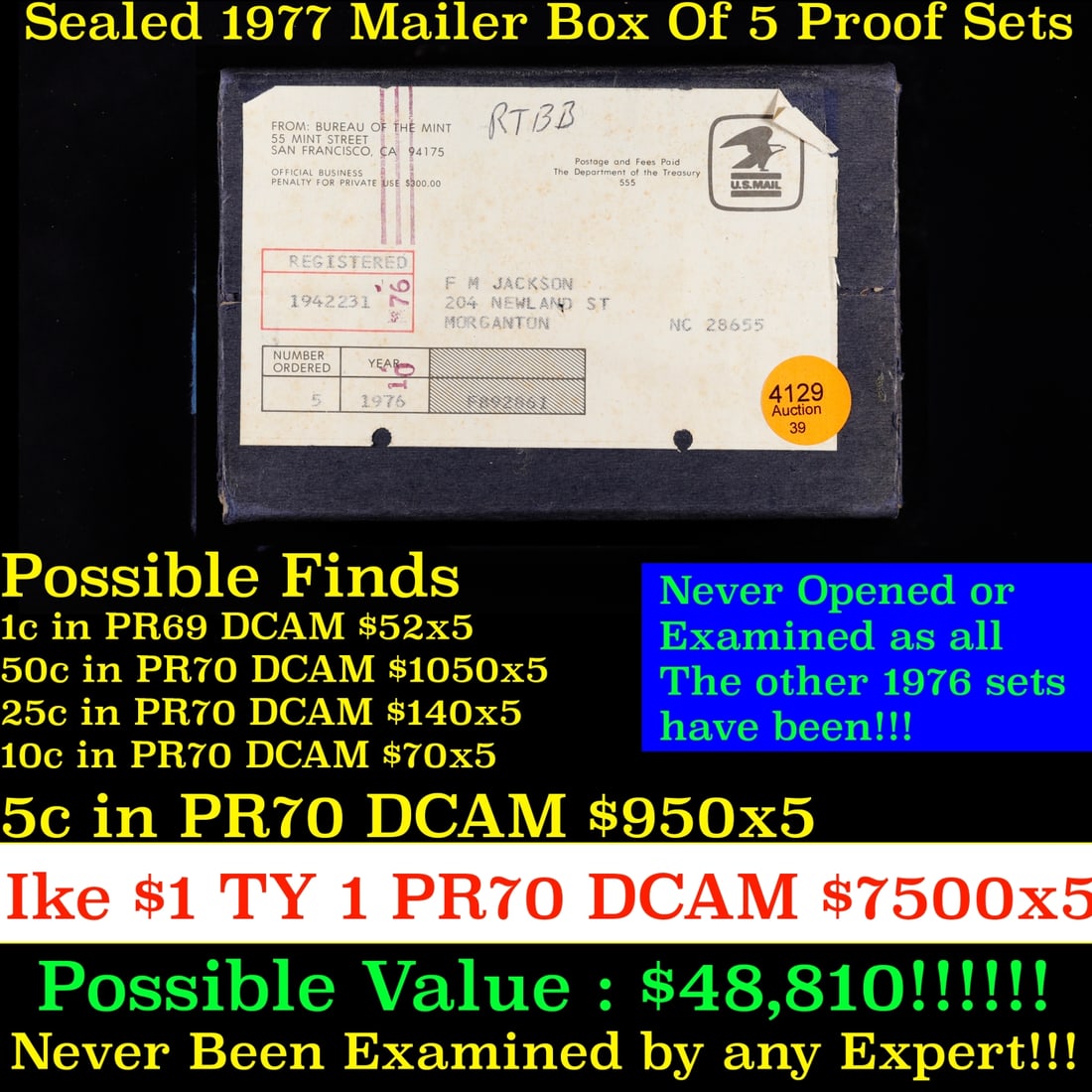Original sealed box 5- 1976 United States Mint Proof Sets: Original sealed box 5- 1976 United States Mint Proof Sets. Up for Auction is an Unopened Mailer Box from 1976 containing 5 1976 Proof Sets!!!! Wow! - This Mailer Box is sealed exactly as it left the m