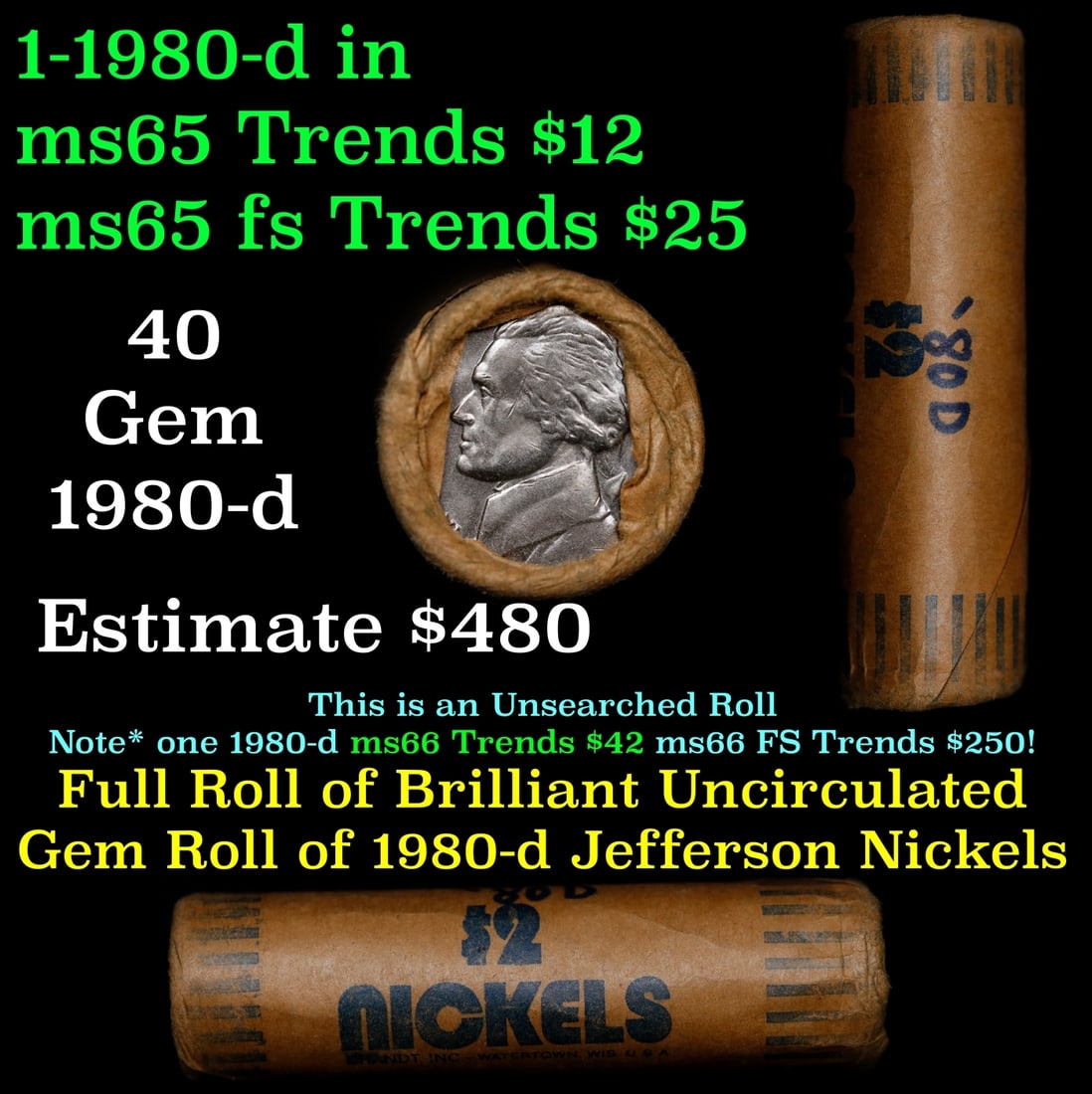 BU Shotgun Jefferson 5c roll, 1980-d 40 pcs Bank $2 Nickel Wrapper: BU Shotgun Jefferson 5c roll, 1980-d 40 pcs Bank $2 Nickel Wrapper.