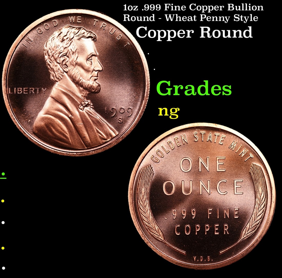 1oz .999 Fine Copper Bullion Round - Wheat Penny Style: 1oz .999 Fine Copper Bullion Round - Wheat Penny Style.