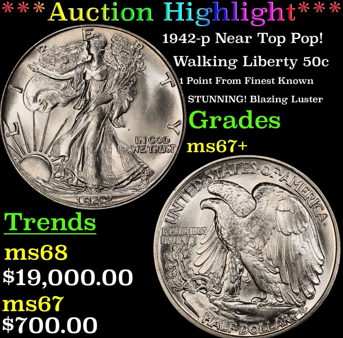 ***Major Highlight*** 1942-p Walking Liberty Half Dollar Near Top Pop! 50c ms67+ SEGS (fc): ***Major Highlight*** 1942-p Near Top Pop! Walking Liberty Half Dollar 50c ms67+ SEGS. A Key Date's Pick, Bid to Win, Don't let it get Away Coin