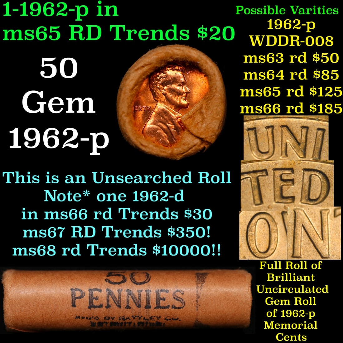 BU Shotgun Lincoln 1c roll, 1962-p 50 pcs Bank Wrapper 50c: BU Shotgun Lincoln 1c roll, 1962-p 50 pcs Bank Wrapper 50c. A terrific Shotgun roll of Lincoln cents in a Bank wrapper. Most if not all coins should be cherry red.