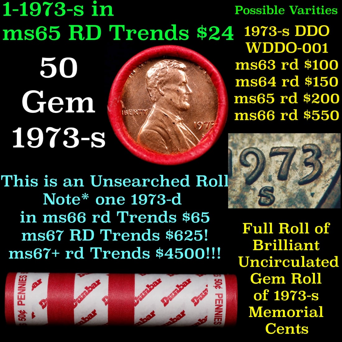 BU Shotgun Lincoln 1c roll, 1973-s 50 pcs Bank Wrapper 50c: BU Shotgun Lincoln 1c roll, 1973-s 50 pcs Bank Wrapper 50c. A terrific Shotgun roll of Lincoln cents in a Bank wrapper. Most if not all coins should be cherry red.