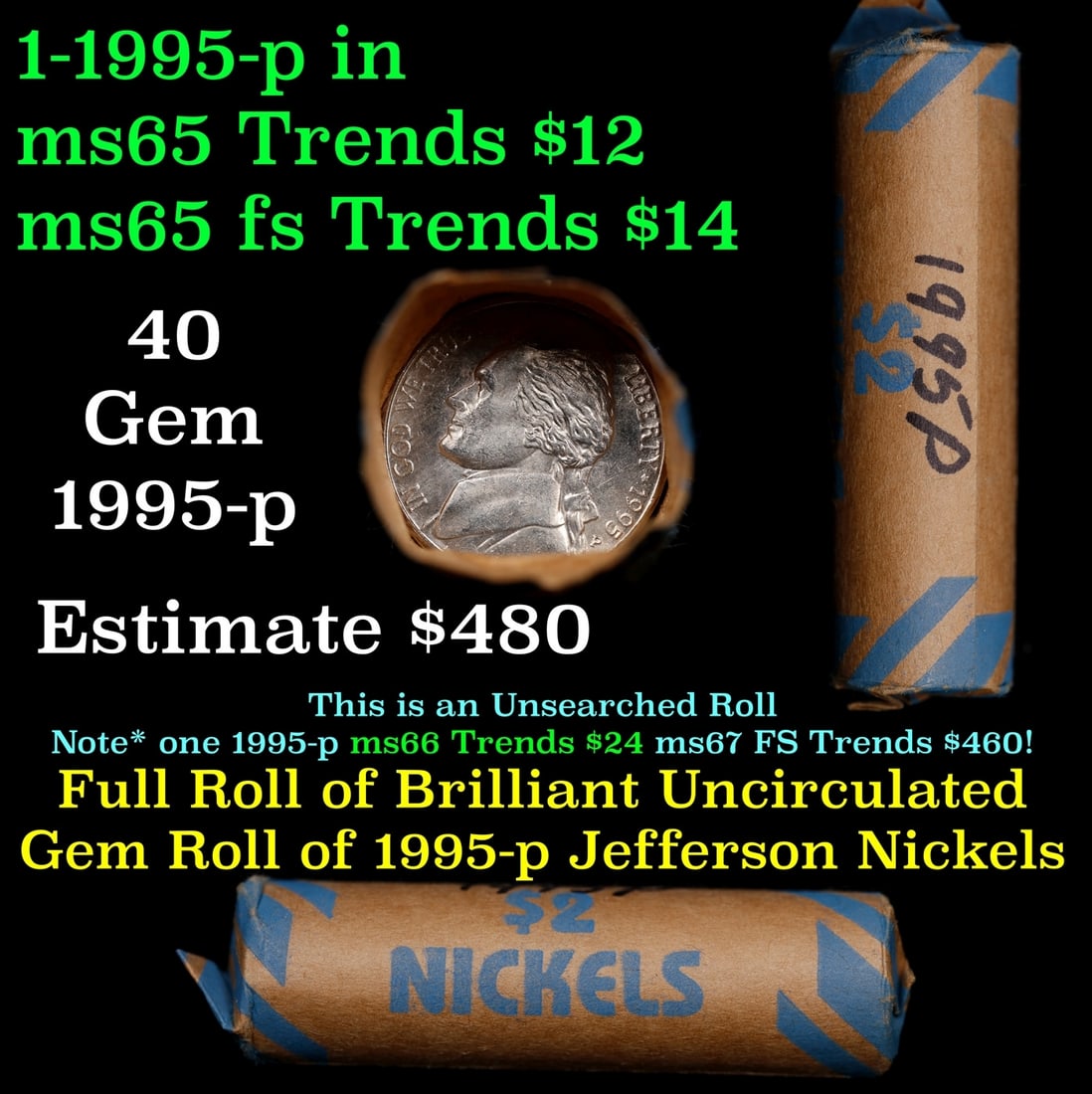 BU Shotgun Jefferson 5c roll, 1995-p 40 pcs Bank $2 Nickel Wrapper: BU Shotgun Jefferson 5c roll, 1995-p 40 pcs Bank $2 Nickel Wrapper. BU Shotgun Jefferson 5c roll, 1995-p 40 pcs Bank $2 Nickel Wrapper 20.