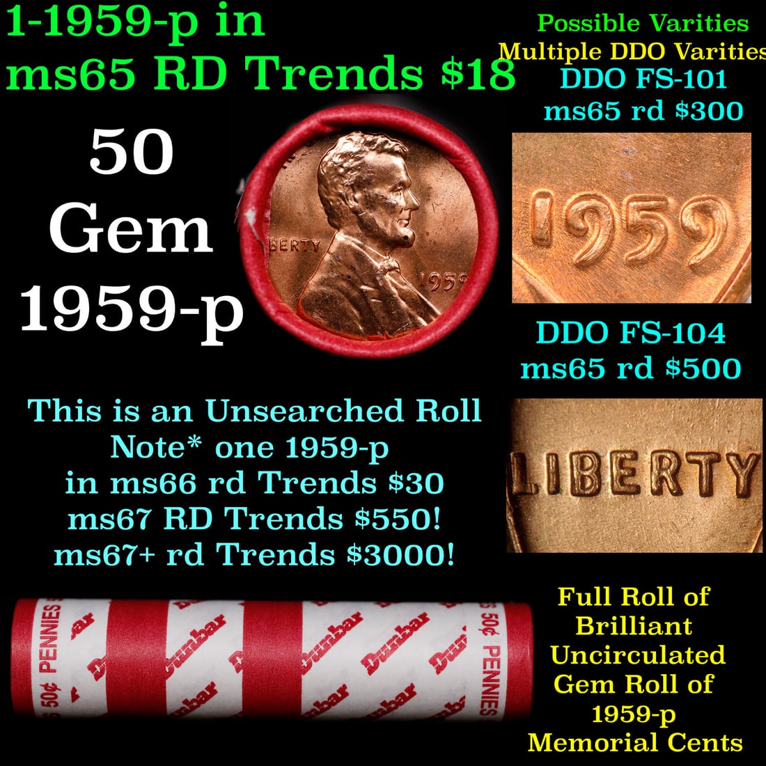 BU Shotgun Lincoln 1c roll, 1959-p 50 pcs Dunbar Wrapper 50c: BU Shotgun Lincoln 1c roll, 1959-p 50 pcs Dunbar Wrapper 50c. A terrific Shotgun roll of Lincoln cents in a Dunbar wrapper. Most if not all coins should be cherry red.