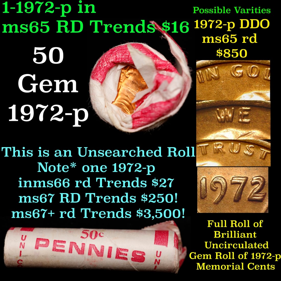 BU Shotgun Lincoln 1c roll, 1972-p 50 pcs Bank Wrapper 50c (1 of 3)