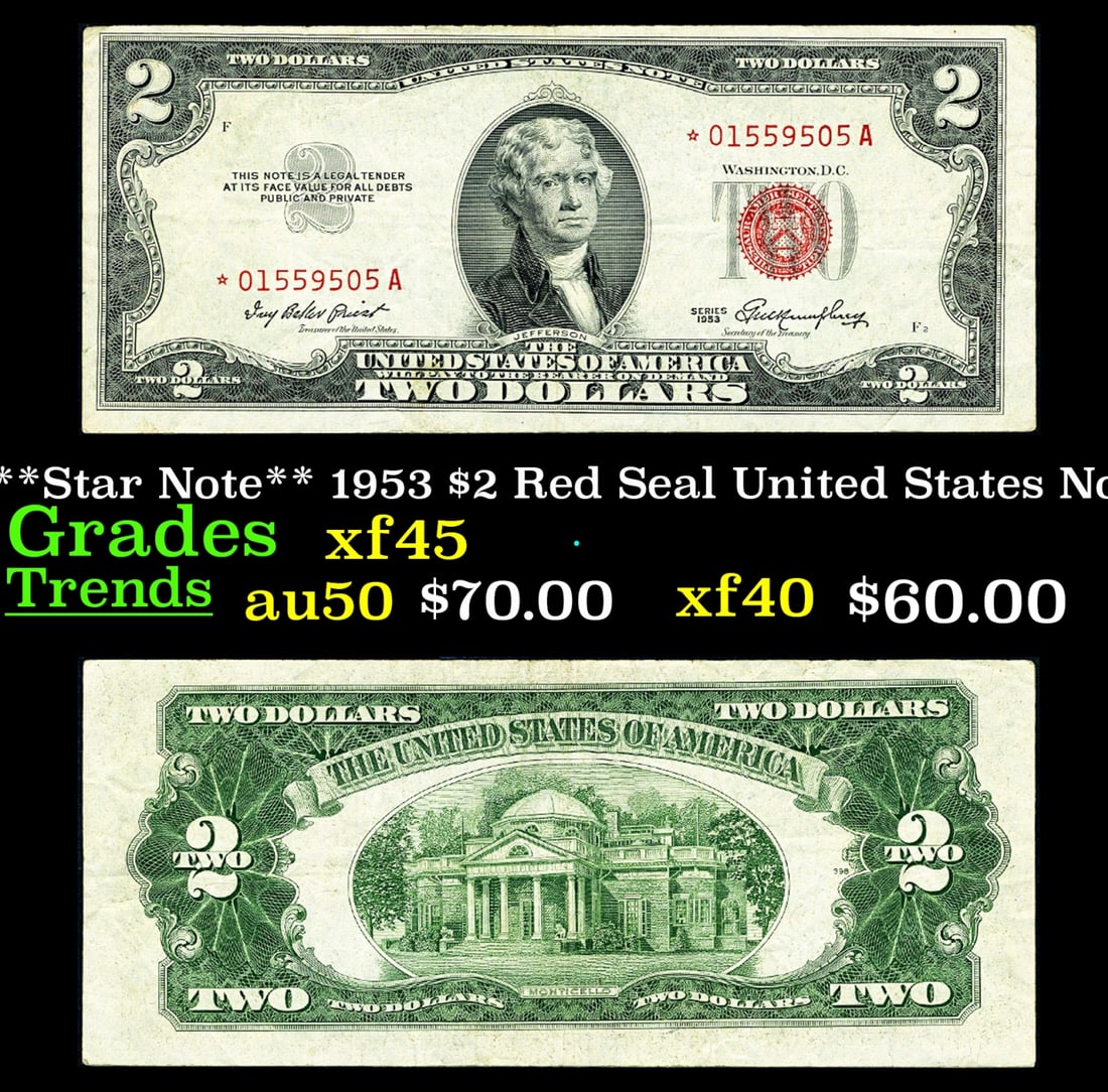 **Star Note** 1953 $2 Red Seal United States Note Grades xf+ (1 of 3)
