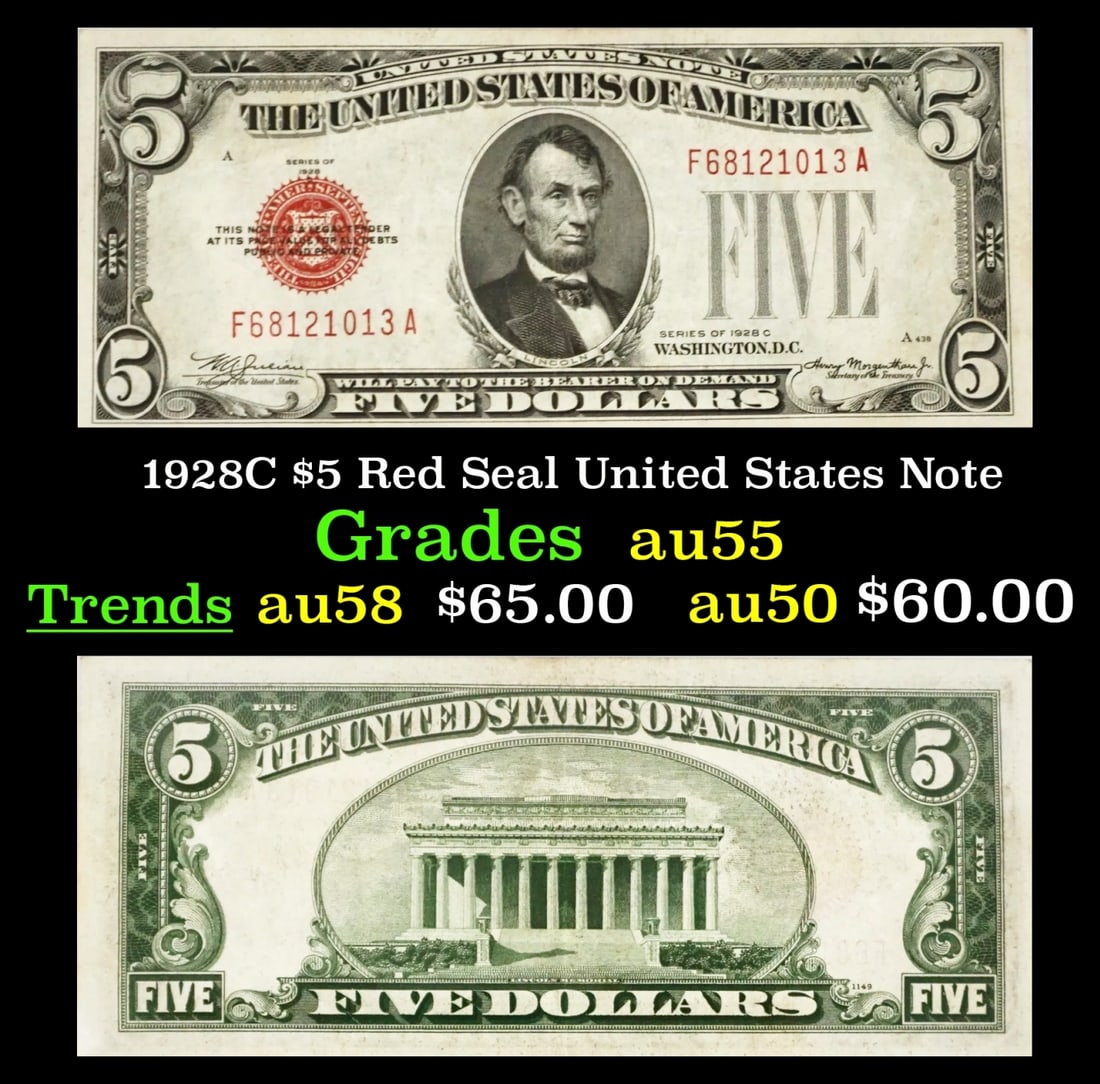 1928C $5 Red Seal United States Note Grades Choice AU (1 of 3)