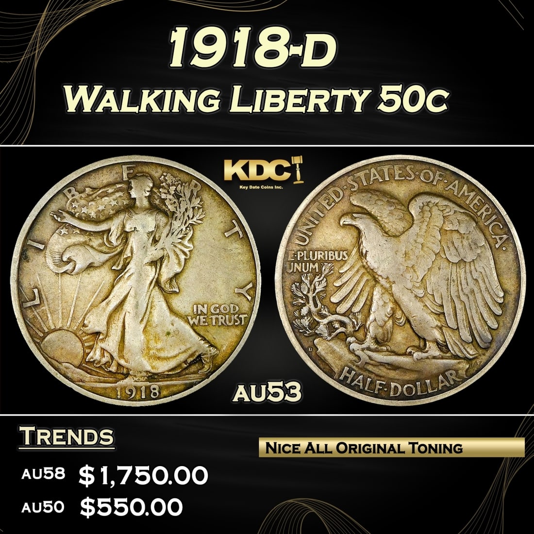 1918-d Walking Liberty Half Dollar 50c Grades Select AU (1 of 3)